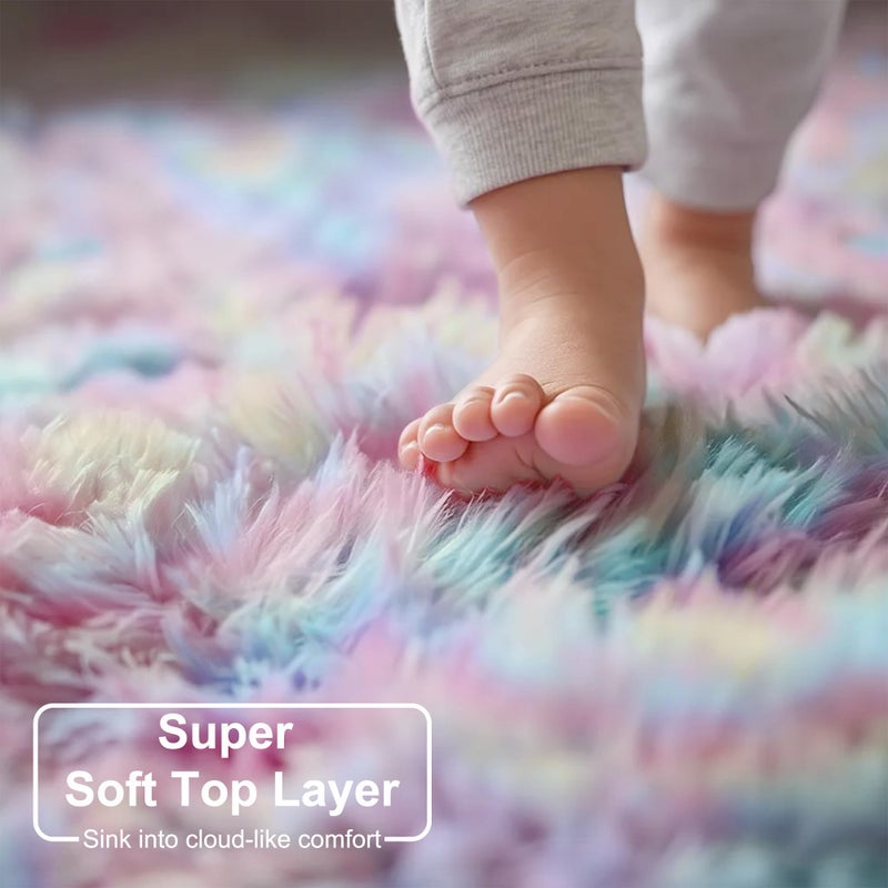 Amdrebio Rainbow Fluffy Round Rug 4Ft Kids Rugs for Girls Bedroom, Unicorn Room Decor, Colorful Pastel Shag Carpet for Preppy Dorm, Soft Cute Fuzzy Kawaii Circle Area Rugs for Baby Nursery, Playroom - Image 4