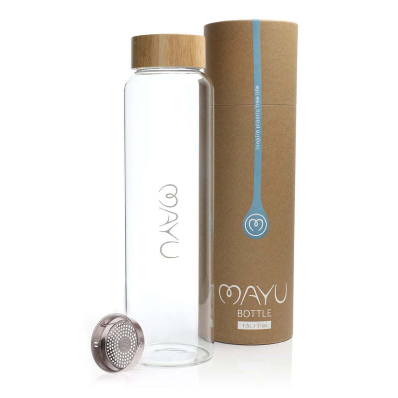 mayu Portable Container Water Bottle With Bamboo Lid  Eco Friendly  BPA Free Borosilicate Glass Infuser Bottle  Leak Free Design  For Storage Everyday Use And NonToxic Hydration  51oz 15L