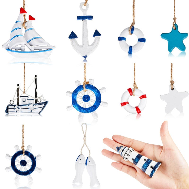Jetec 22 Pcs Nautical Ornament Beach Ornaments Coastal Nautical Tree Starfish Anchor Sea Life Beach Decorations for Home Decor Small Party Gift Office