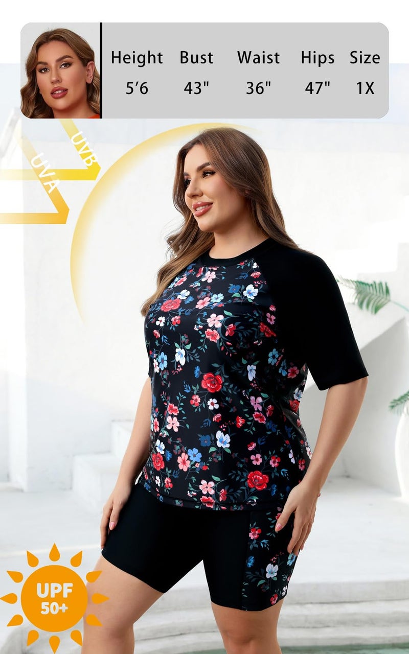 Halcurt Women Plus Size Swimwear with Sleeves and Knee Length Long Shorts Swim Tops Bra Built in 2 Piece Rash Guard Floral 3X - Image 4