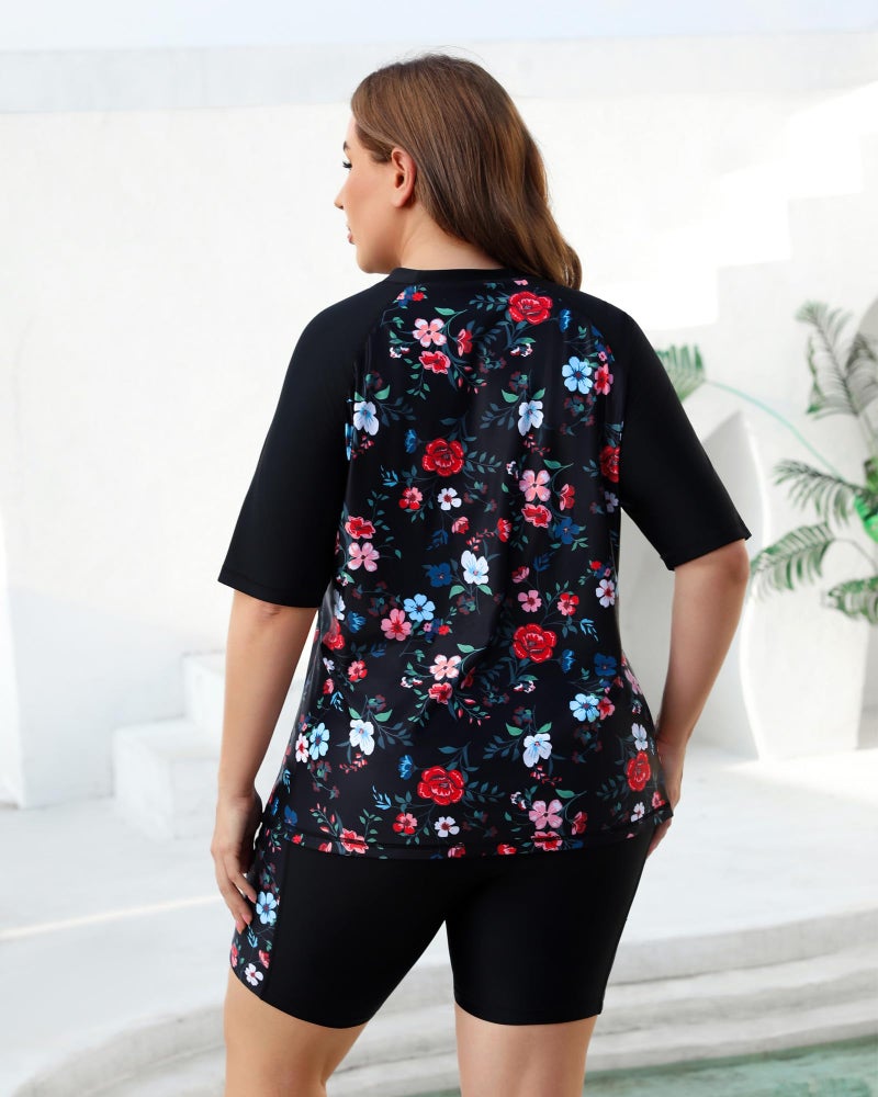 Halcurt Women Plus Size Swimwear with Sleeves and Knee Length Long Shorts Swim Tops Bra Built in 2 Piece Rash Guard Floral 3X - Image 2