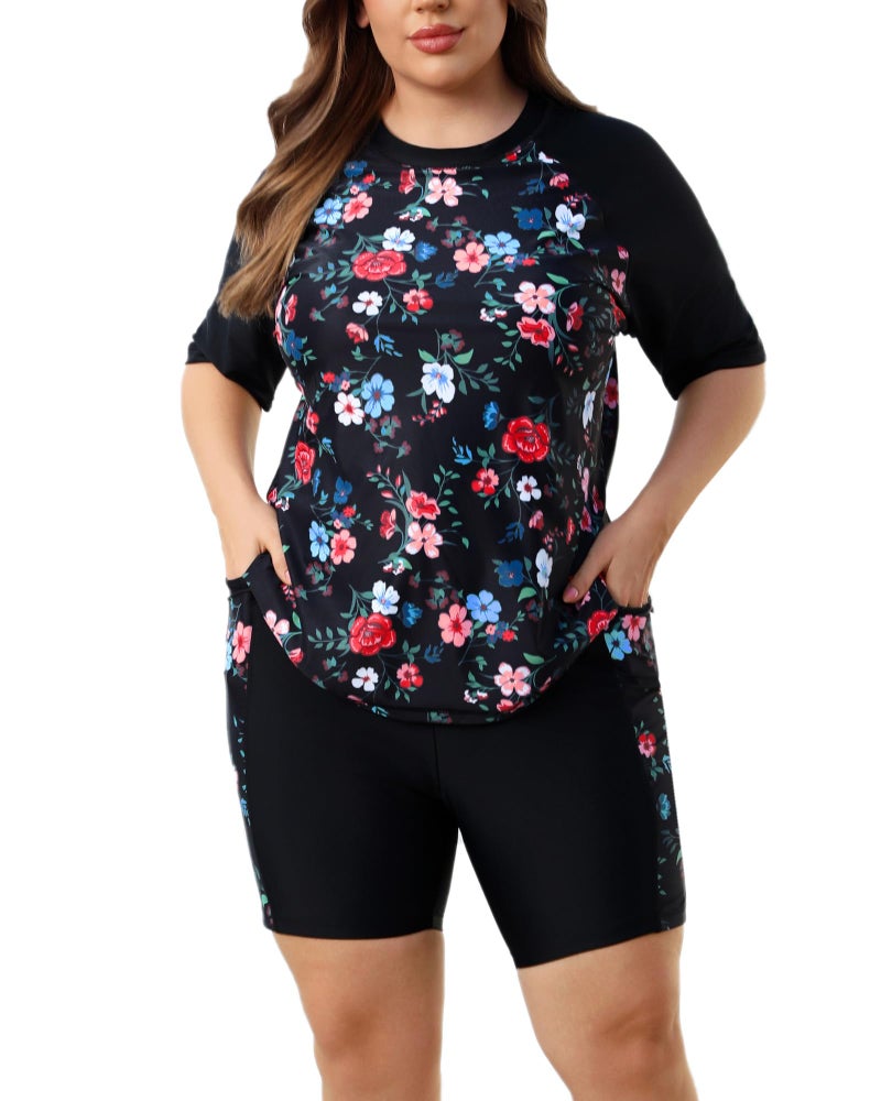 Halcurt Women Plus Size Swimwear with Sleeves and Knee Length Long Shorts Swim Tops Bra Built in 2 Piece Rash Guard Floral 3X - Image 1