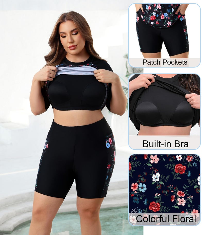 Halcurt Women Plus Size Swimwear with Sleeves and Knee Length Long Shorts Swim Tops Bra Built in 2 Piece Rash Guard Floral 3X - Image 5