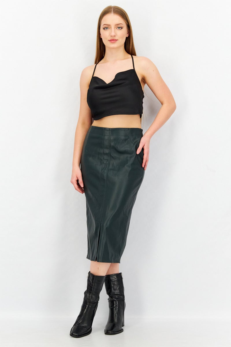 ESPRIT Women Solid Leather Midi Skirt, Dark Olive - Image 2