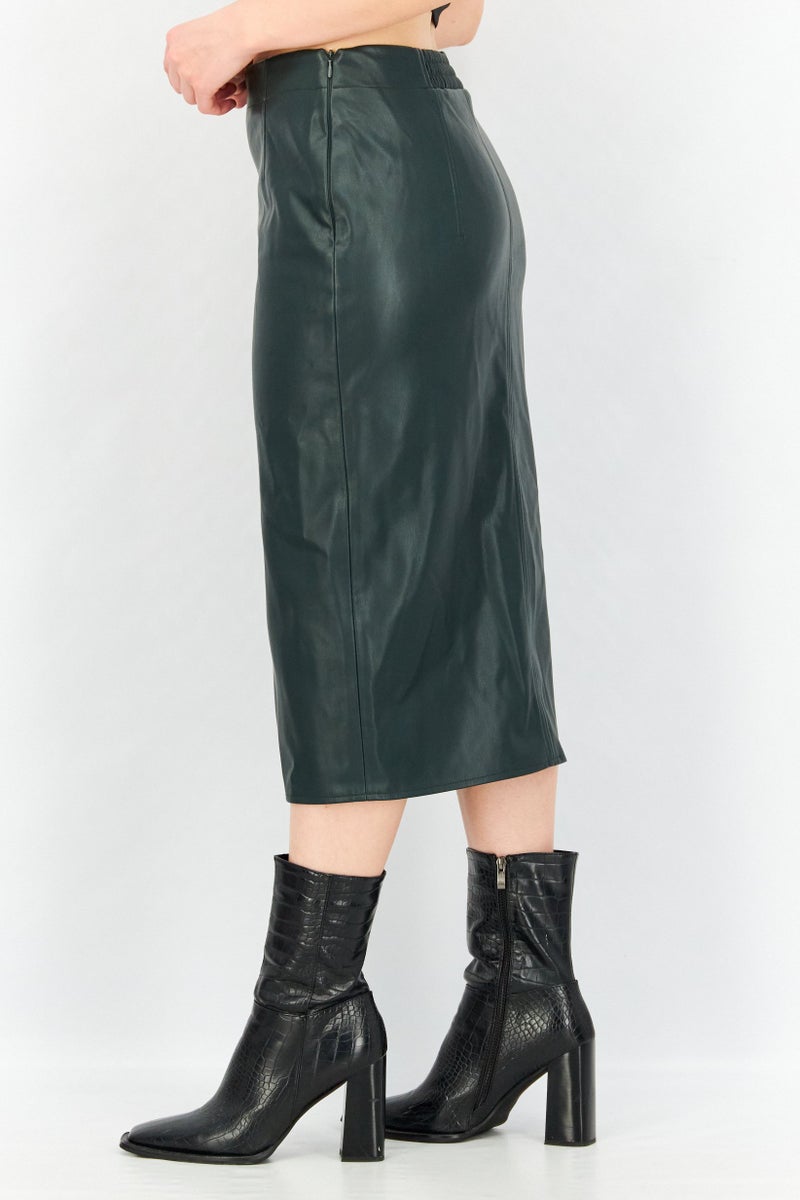 ESPRIT Women Solid Leather Midi Skirt, Dark Olive - Image 4