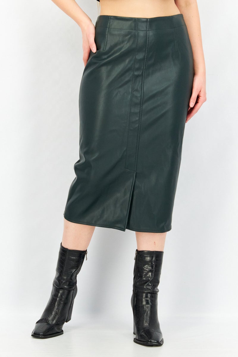 ESPRIT Women Solid Leather Midi Skirt, Dark Olive - Image 1