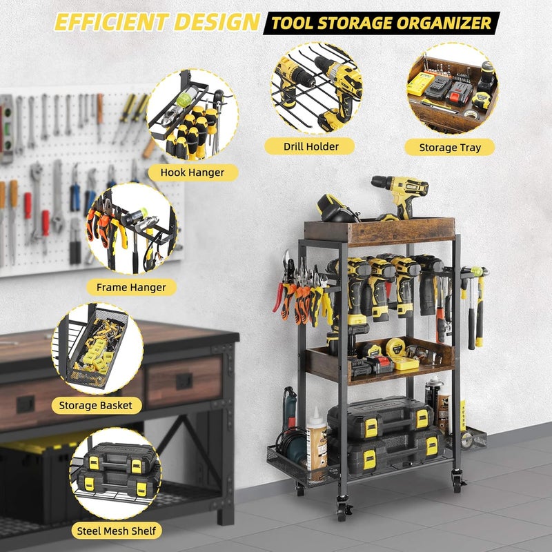 Keebofly Power Tool Organizer Garage Storage Organization Shelving Tool Holder Drill Rack Shelf Rolling Cart Open Tool Chest Cabinet Box Organizer with Wheels Workshop Garage Gift Ideas for Men Dad - Image 5