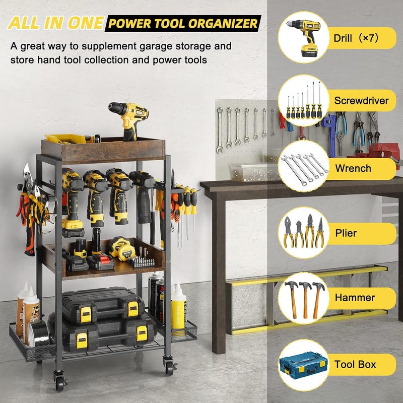 Keebofly Power Tool Organizer Garage Storage Organization Shelving Tool Holder Drill Rack Shelf Rolling Cart Open Tool Chest Cabinet Box Organizer with Wheels Workshop Garage Gift Ideas for Men Dad - Image 3