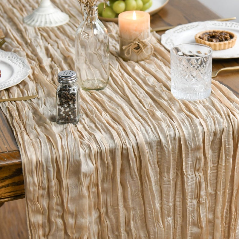 Artoid Mode Boho Champagne Gauze Wedding Cheesecloth Table Runner set of 2, 35x120 Inch Seasonal Fabric Kitchen Dining Holiday Table Decor for Home Party - Image 1