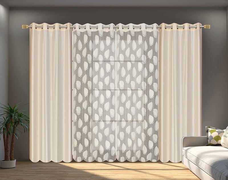 YUKANY Sheer Leaf Transparent 2 Cream Plain 2 Cream Leaf Net Curtains 7 Feet Pack of 4 - Image 1