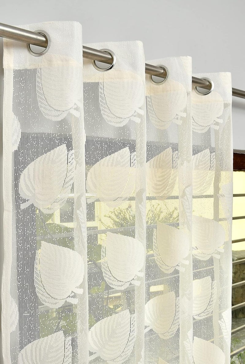 YUKANY Sheer Leaf Transparent 2 Cream Plain 2 Cream Leaf Net Curtains 7 Feet Pack of 4 - Image 2