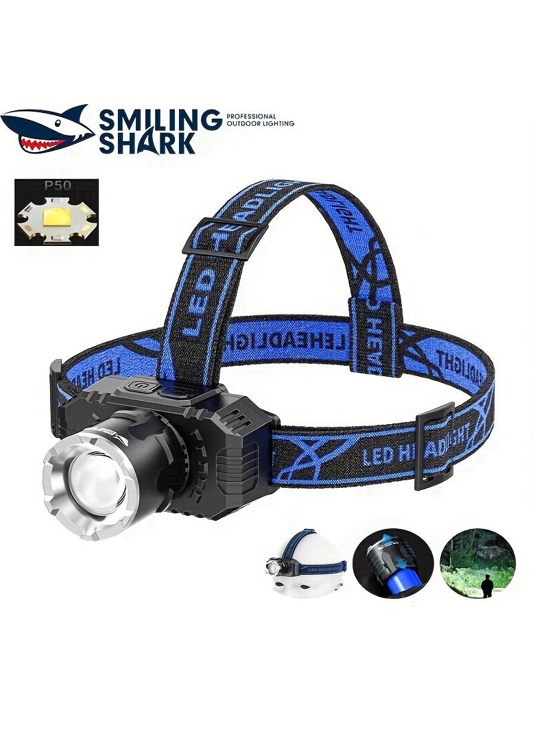 القرش المبتسم مصباح أمامي LED فائق السطوع TD0181 - 5 أوضاع، قابل للتكبير والتصغير، قابل لإعادة الشحن عبر USB، خفيف الوزن للتخييم والمشي لمسافات طويلة والجري وصيد الأسماك - Image 1