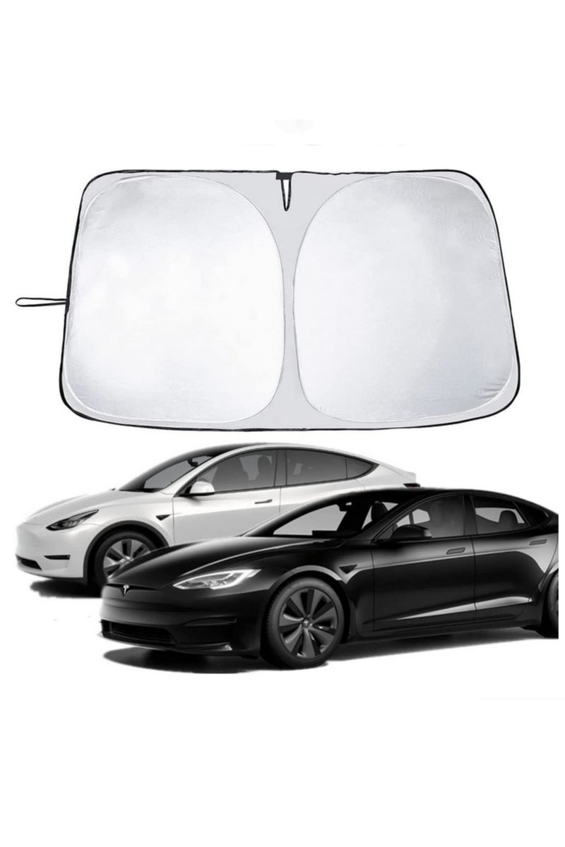 for Tesla Model 3 Model Y Windshield Sunshade Front Windshield Double Layer Light Blocking Fabric Foldable Sun Shade with a Storage Bag - Image 1
