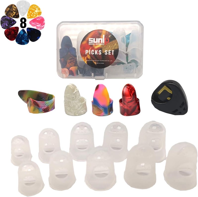 SUNLP Thumb Finger Picks, Guitar Finger Fingertip Protectors, Guitar Picks, Pick Holder, Gift Set Kit useful for Acoustic Guitar Ukulele Kalimba Starter & Other String Instruments - Image 1