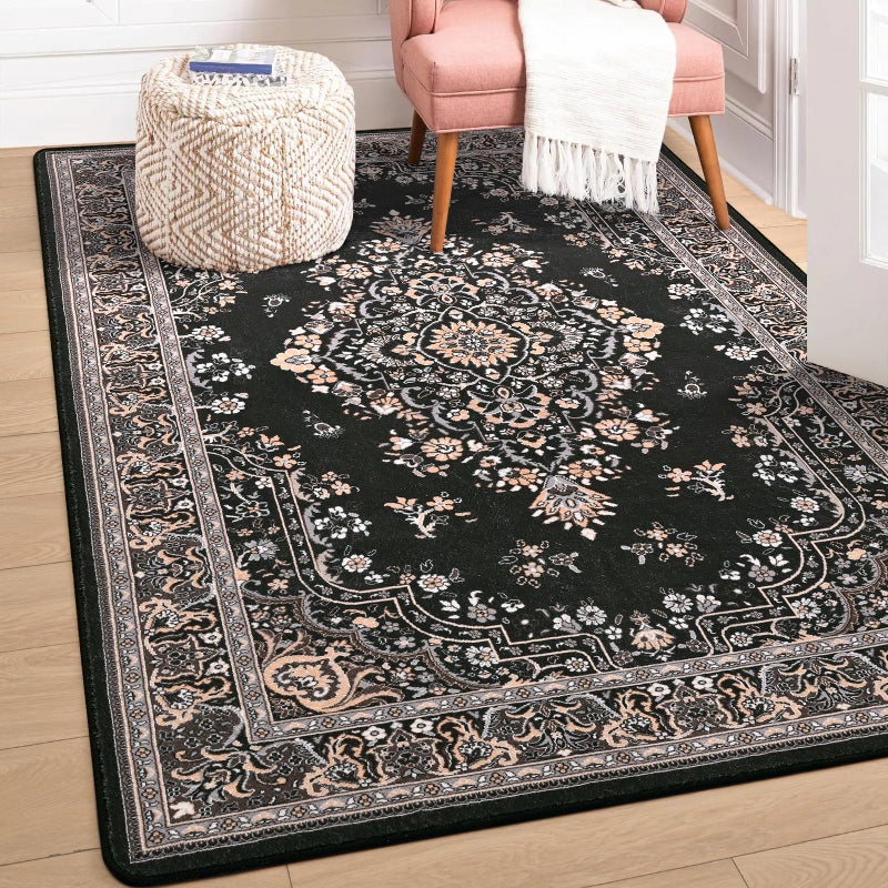 HOMORE Living Room Rug 5x7 Black Area Rug for Living Room, Non Slip Washable Vintage Rugs for Bedroom Dining Room Faux Wool Throw Rugs for Farmhouse Home Decor - Image 1