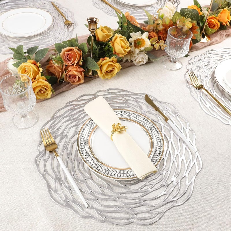 Evevda Evevde Silver Round Placemats for Dinner Table Set of 6 Metallic Plastic Vinyl Place Mats No-Slip Wipeable 6Pcs Table Mats for Daily Use Wedding Anniversary Kitchen Table Decoration(Dia:15inch/38cm) - Image 4