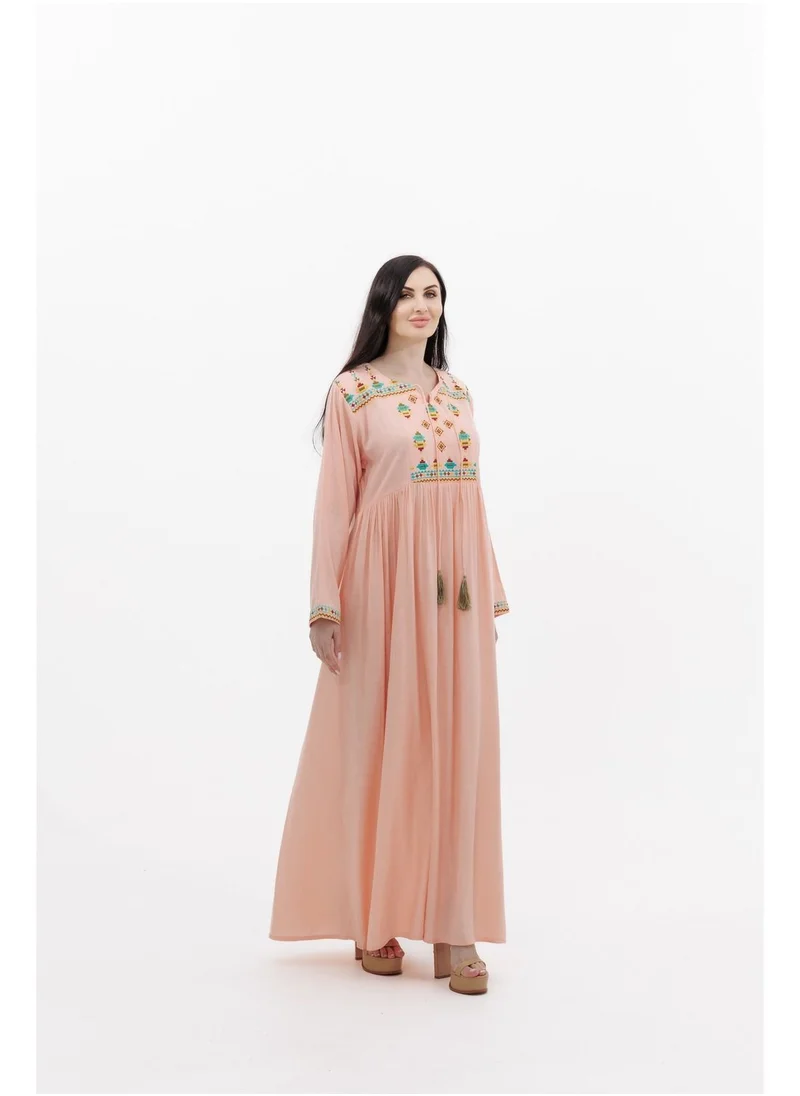 HANA & SARA LONG VISCOSE PEACH COLOUR SIMPLE ELEGANT ARABIC KAFTAN JALABIYA DRESS