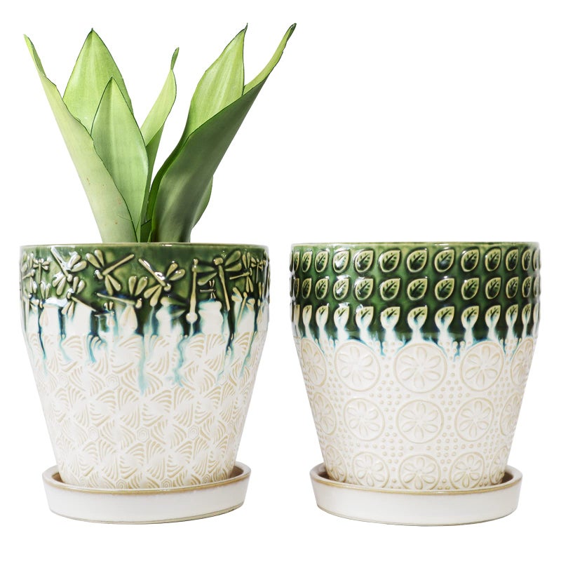 YFFSRJDJ 6 Inch Ceramic Planter Pots with Drainage Holes Saucers and Mesh Pads for IndoorOutdoor Plants Succulent Orchid Flower Large Round Plant Pot Set of 2 GreenWhite