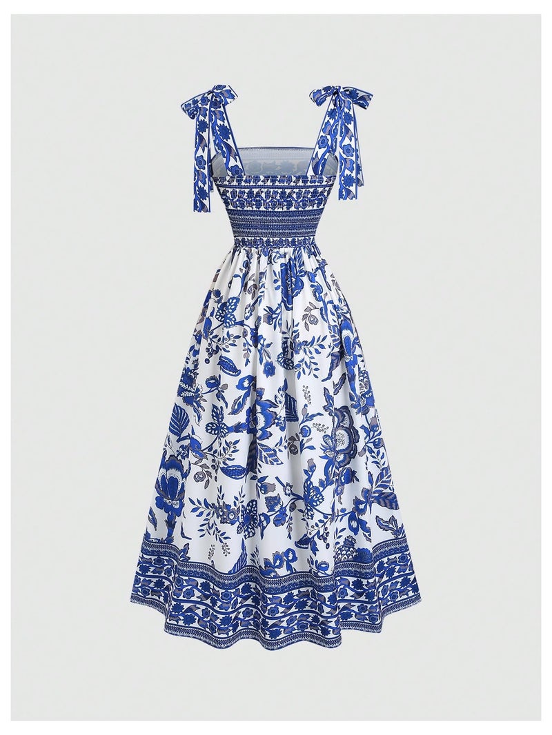 Floerns Women's Floral Tie Shoulder Cami Dress Sleeveless Ruffle Hem Boho Midi Dresses Blue and White Small - Image 2