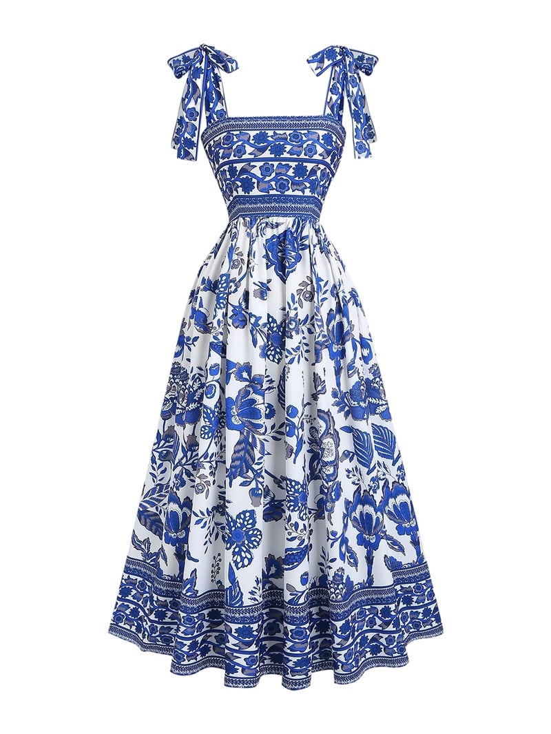 Floerns Women's Floral Tie Shoulder Cami Dress Sleeveless Ruffle Hem Boho Midi Dresses Blue and White Small - Image 1
