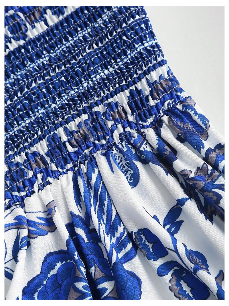 Floerns Women's Floral Tie Shoulder Cami Dress Sleeveless Ruffle Hem Boho Midi Dresses Blue and White Small - Image 5