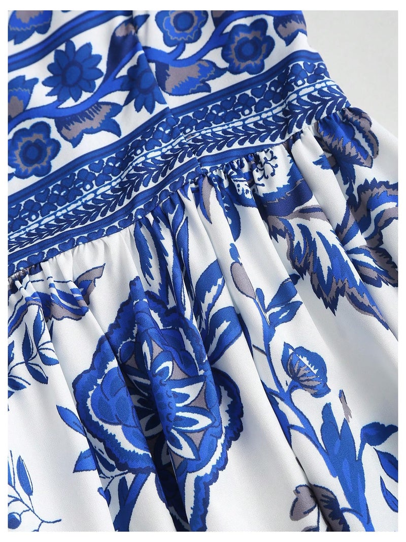 Floerns Women's Floral Tie Shoulder Cami Dress Sleeveless Ruffle Hem Boho Midi Dresses Blue and White Small - Image 4