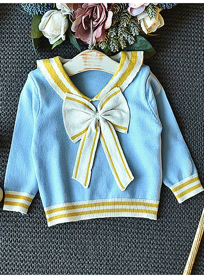 LITTLE SURPRISE BOX Blue & Occur Pleated Bow 2 pcs top & Skirt Winterwear set for Girls