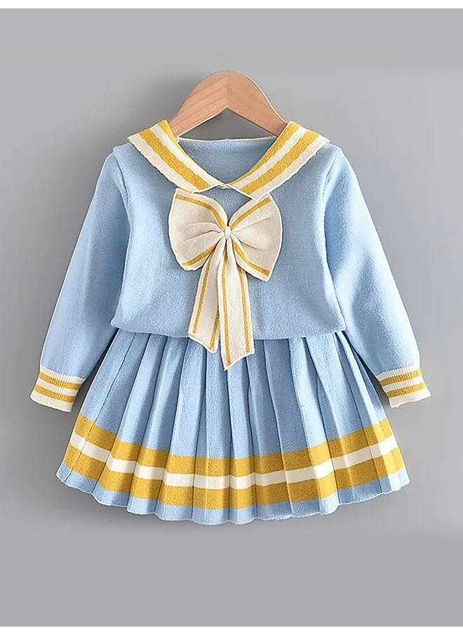 صندوق المفاجآت الصغيرة Blue & Occur Pleated Bow 2 pcs top & Skirt Winterwear set for Girls