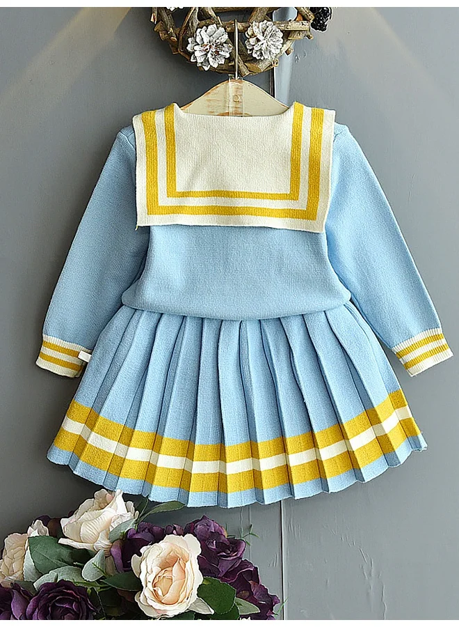 LITTLE SURPRISE BOX Blue & Occur Pleated Bow 2 pcs top & Skirt Winterwear set for Girls