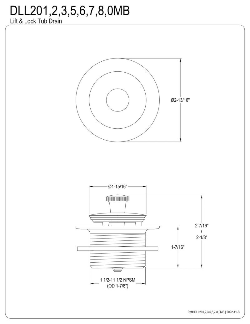 Kingston Brass DLL205 Made to Match Lift and Lock Bathtub Drain, Oil-Rubbed Bronze - Image 2