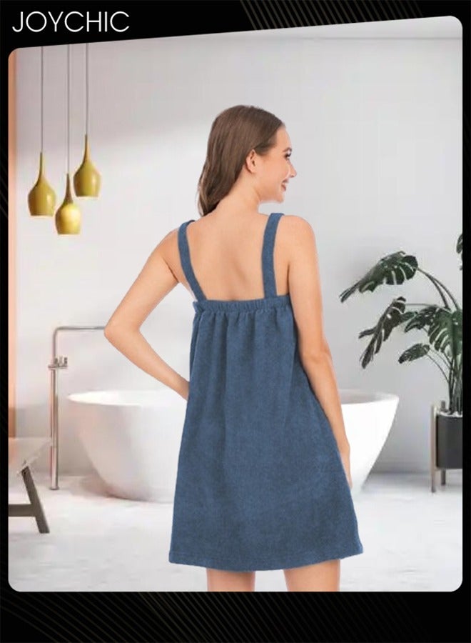 Joychic Women Solid Color Polyester Skin-friendly and Absorb- water Bathrobe Massage Stickers Suspenders Nightgown with Pockets for All Seasons Blue - Image 3