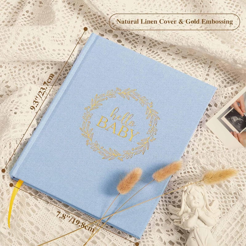 Lanpn Hello Baby Memory Book for Boy Girl  Linen Cover Baby Book Memories Keepsake for New Parents  Newborn Baby First 5 Year Journal Scrapbook Photo Album Baby Milestone Book Blue 154 Pages - Image 2