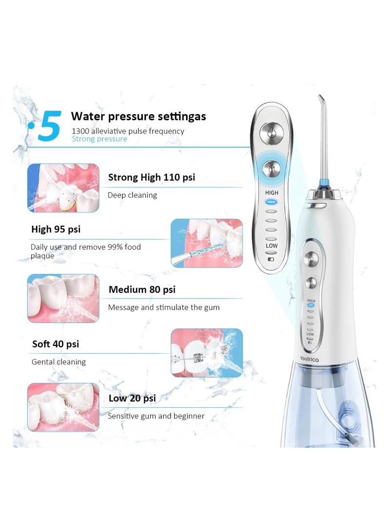 Youtrico Water Dental Flosser Teeth Pick -Portable Oral Irrigator with 5 Modes, Rechargeable IPX7 Waterproof Orthodontic Teeth Cleaner Pick Cordless for Home Travel-300ml Water Tank (White) - Image 2
