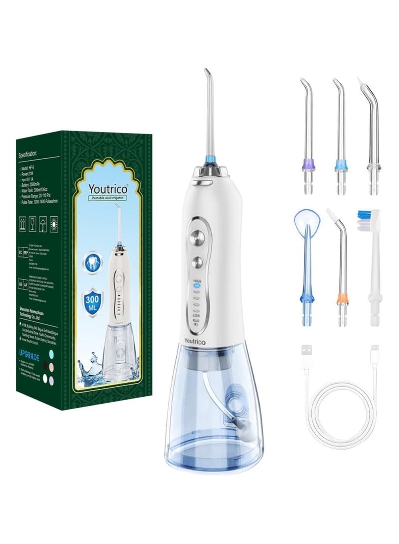 Youtrico Water Dental Flosser Teeth Pick -Portable Oral Irrigator with 5 Modes, Rechargeable IPX7 Waterproof Orthodontic Teeth Cleaner Pick Cordless for Home Travel-300ml Water Tank (White) - Image 1