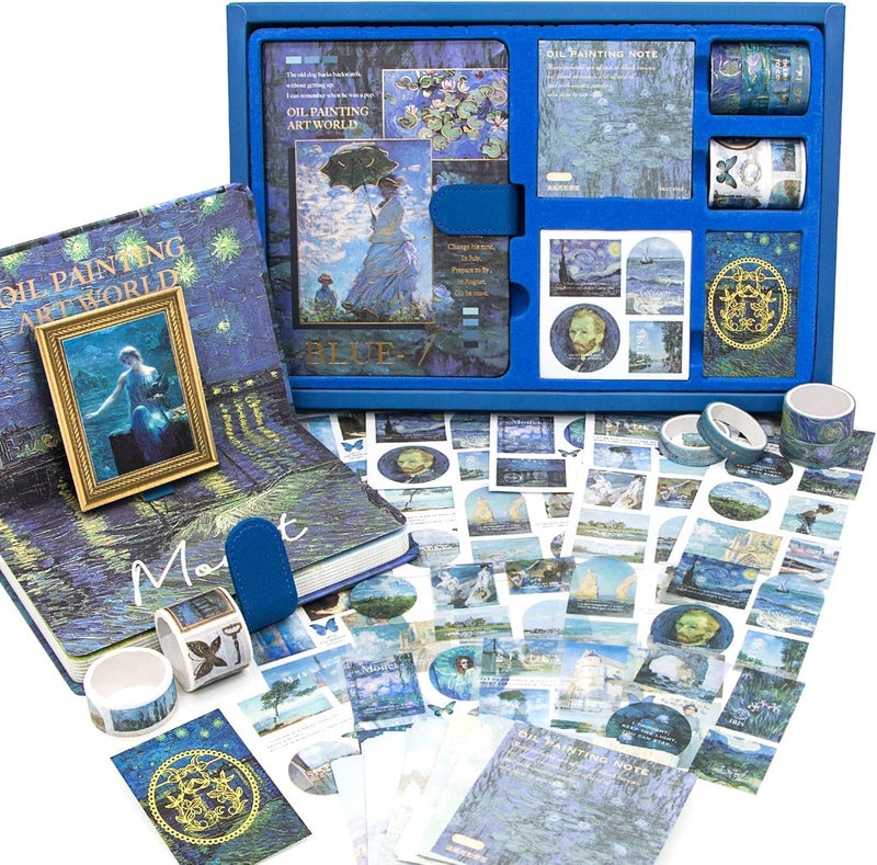 Vintage Oil Painting Art Journal Set Aesthetic Scrapbooking Kit with Stickers Notebook Planner Supplies Blue  - Image 1