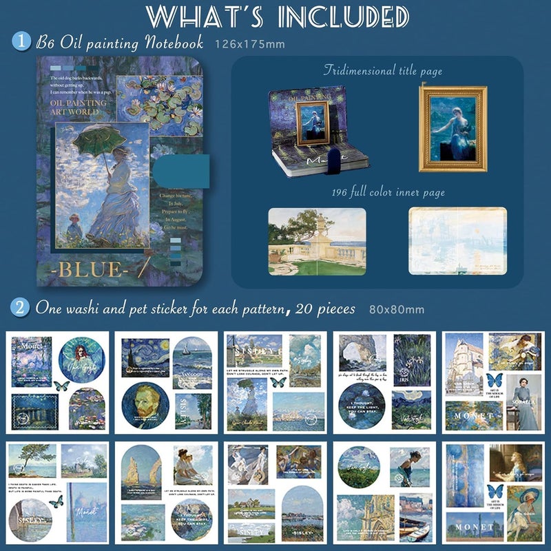 Vintage Oil Painting Art Journal Set Aesthetic Scrapbooking Kit with Stickers Notebook Planner Supplies Blue  - Image 2