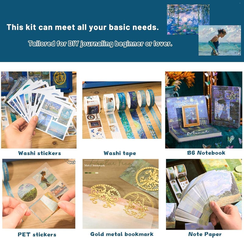 Vintage Oil Painting Art Journal Set Aesthetic Scrapbooking Kit with Stickers Notebook Planner Supplies Blue  - Image 4