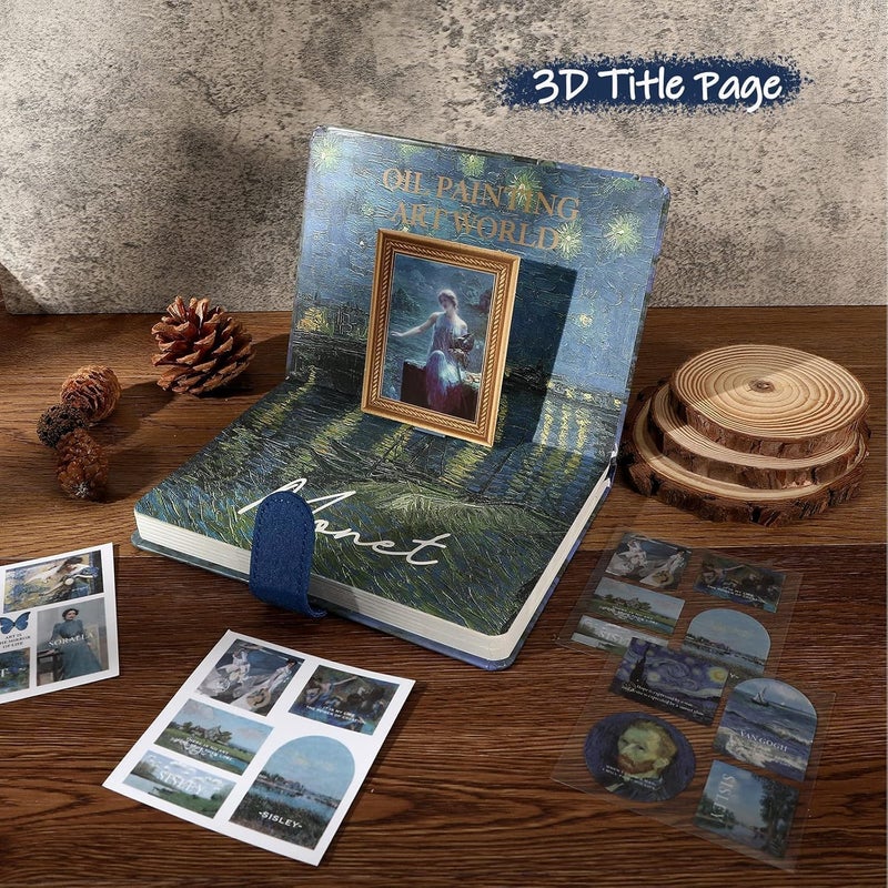 Vintage Oil Painting Art Journal Set Aesthetic Scrapbooking Kit with Stickers Notebook Planner Supplies Blue  - Image 5