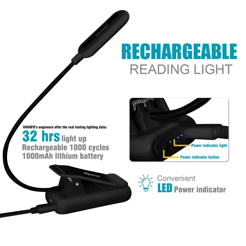 VAVOFO Rechargeable Reading Light, 7 LEDs with 9 Color Temperature 9 Brightness Levels Clip On Book Light for Reading in Bed with Power Indicator for Bookworms (Black) - Image 2
