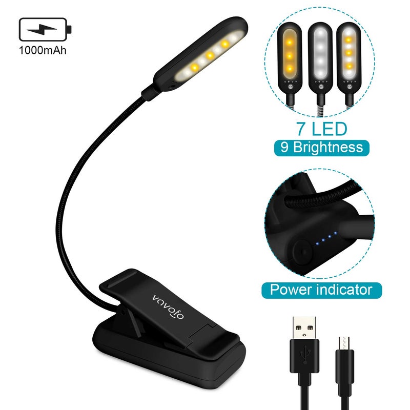 VAVOFO Rechargeable Reading Light, 7 LEDs with 9 Color Temperature 9 Brightness Levels Clip On Book Light for Reading in Bed with Power Indicator for Bookworms (Black) - Image 3
