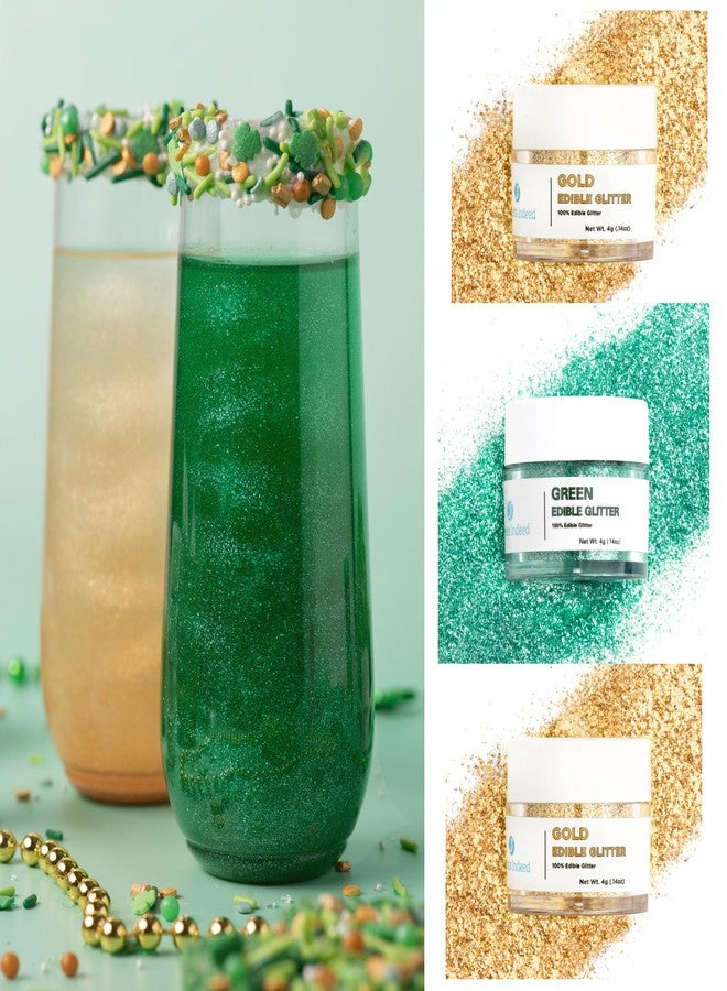 Sweets Indeed Edible Glitter, Perfect for Drinks, Cocktails, Beverages & Cake Decorating, Dessert Cake Topper, 4 grams, 3 Pack (Green/Gold) - Image 1