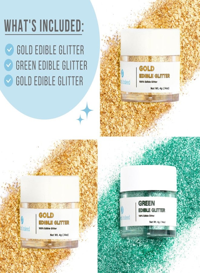 Sweets Indeed Edible Glitter, Perfect for Drinks, Cocktails, Beverages & Cake Decorating, Dessert Cake Topper, 4 grams, 3 Pack (Green/Gold) - Image 2