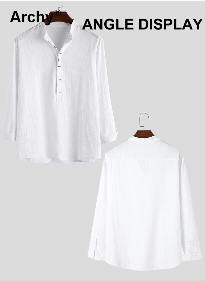 Archy Men's Cotton Linen Shirt White Cotton Shirt Loose Casual Solid Color Shirt for Men Breathable Long Sleeve Top Summer Thin Men's Clothing Men's Minimalist Half Button Pullover Shirt  - Image 5