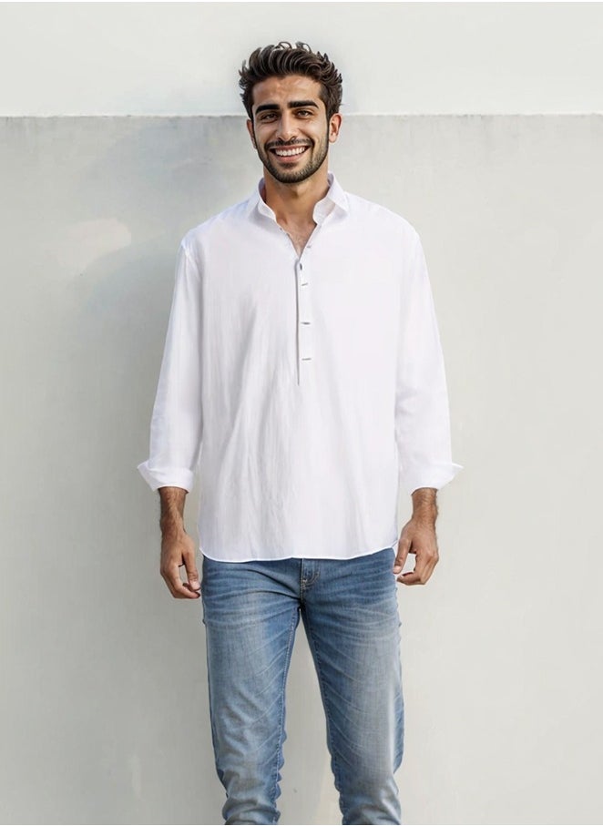 Archy Men's Cotton Linen Shirt White Cotton Shirt Loose Casual Solid Color Shirt for Men Breathable Long Sleeve Top Summer Thin Men's Clothing Men's Minimalist Half Button Pullover Shirt  - Image 2