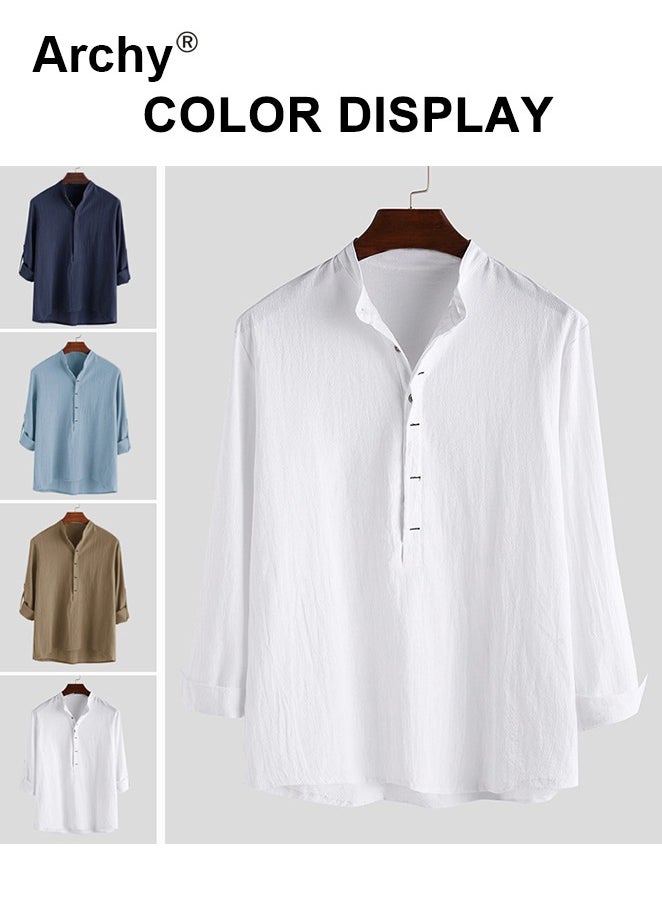 Archy Men's Cotton Linen Shirt White Cotton Shirt Loose Casual Solid Color Shirt for Men Breathable Long Sleeve Top Summer Thin Men's Clothing Men's Minimalist Half Button Pullover Shirt  - Image 4