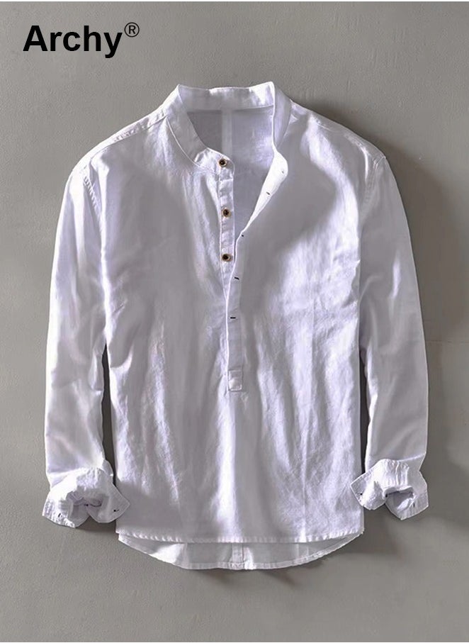 Archy Men's Cotton Linen Shirt White Cotton Shirt Loose Casual Solid Color Shirt for Men Breathable Long Sleeve Top Summer Thin Men's Clothing Men's Minimalist Half Button Pullover Shirt  - Image 1