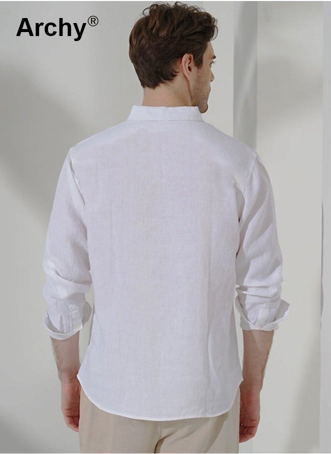 Archy Men's Cotton Linen Shirt White Cotton Shirt Loose Casual Solid Color Shirt for Men Breathable Long Sleeve Top Summer Thin Men's Clothing Men's Minimalist Half Button Pullover Shirt  - Image 3