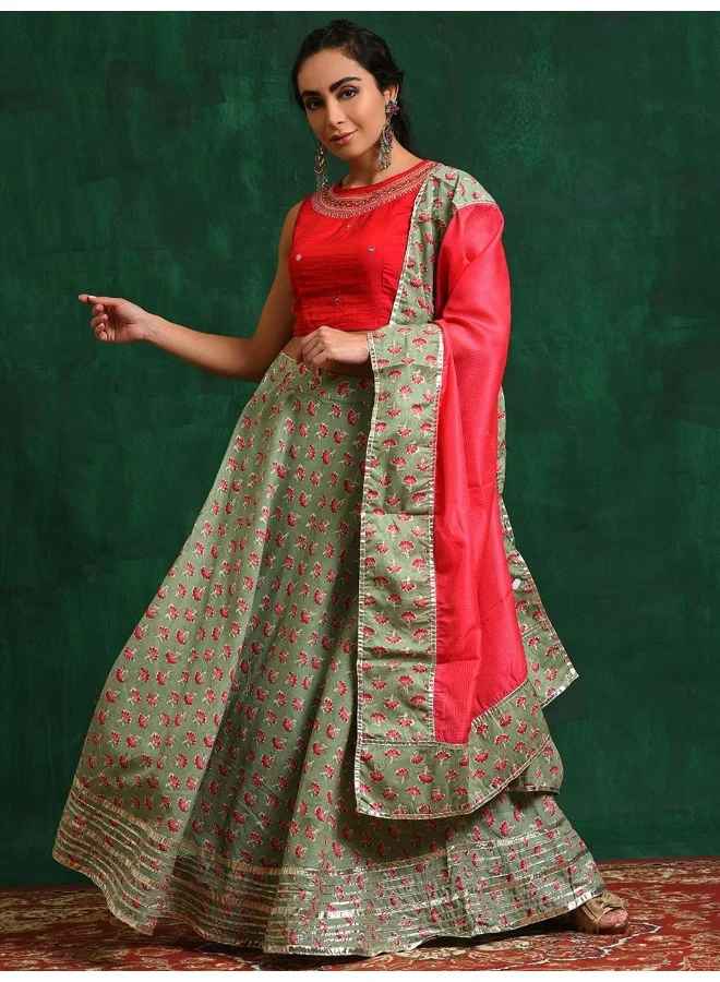 AKS Green & Pink Embroidered Lehenga Choli