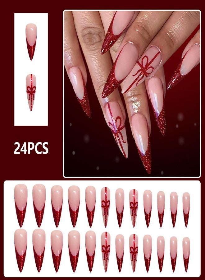 ASABITE 24Pcs Glitter Christmas Press on Nails Long Stiletto Fake Nails with Bow and Ribbon Design Red French Tip False Nails Reusable Christmas Nails Press ons Full Cover Artificial Stick on Nail for Women - Image 2
