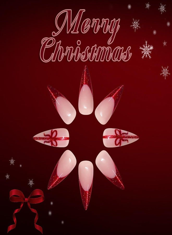 ASABITE 24Pcs Glitter Christmas Press on Nails Long Stiletto Fake Nails with Bow and Ribbon Design Red French Tip False Nails Reusable Christmas Nails Press ons Full Cover Artificial Stick on Nail for Women - Image 3